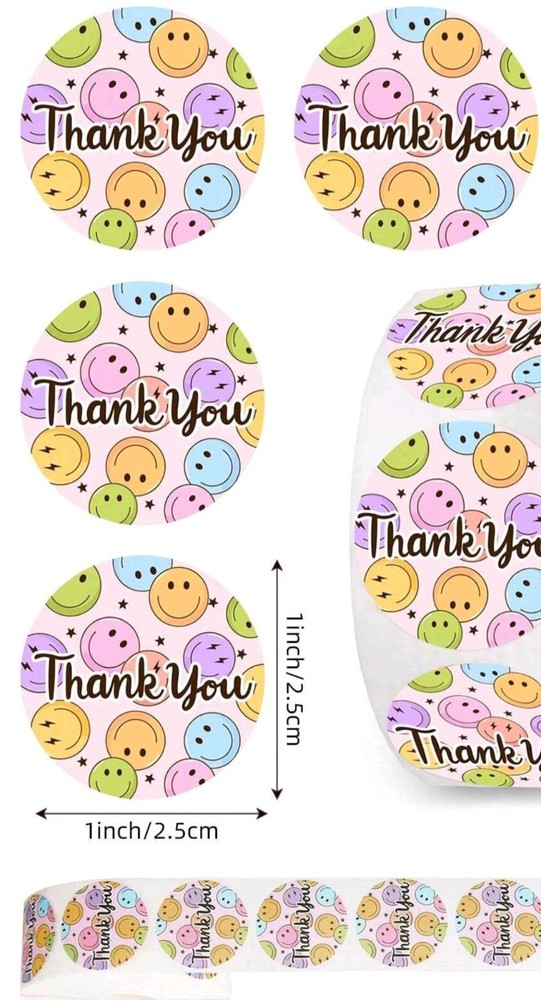 500 pcs Sticker Roll Happy Thank you Smile Pastel Faces Semi Gloss Self Adhesive