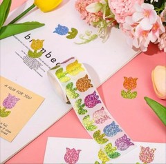 500 pcs Sticker Seals Roll Glitter Foil Floral Tulips Design Self Adhesive NEW