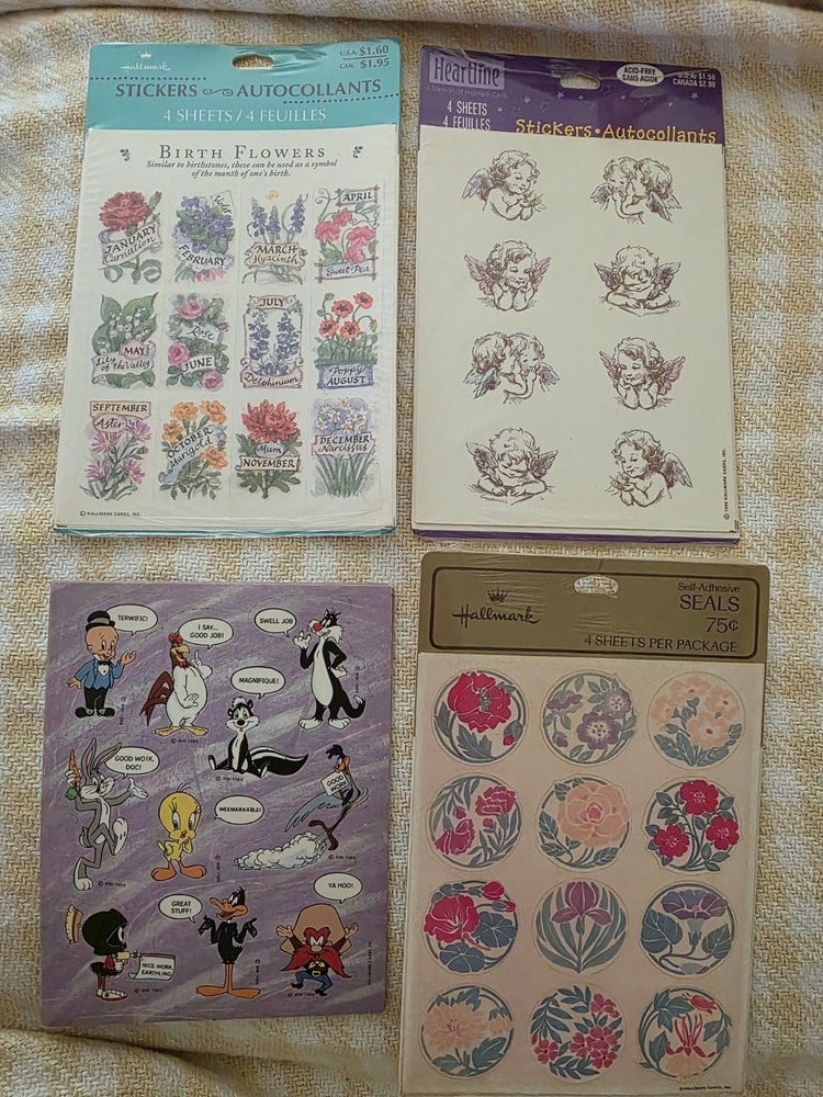 Vintage HALLMARK Stickers Floral Seals Angels LOONEY TUNES Birth Flowers
