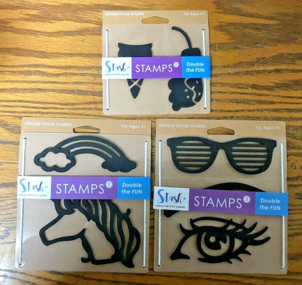 3 NEW STASH FOAM STAMPS SETS UNICORN RAINBOW, GLASSES EYE & FOOD