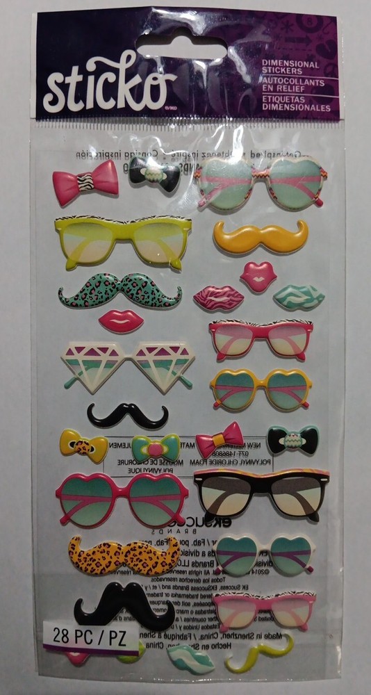 Sticko GLASSES & SHADES Mustache Bowties 3-D stickers Fast FREE ship!