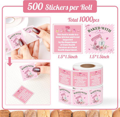 1000 Count Cottage Food Law Labels – Pink “Baked with Love” Stickers Roll