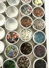 #3 – METAL CASE w/ 40 CONTAINERS – SCRAPBOOKING EMBELLISHMENTS -BEADS, BUTTONS++