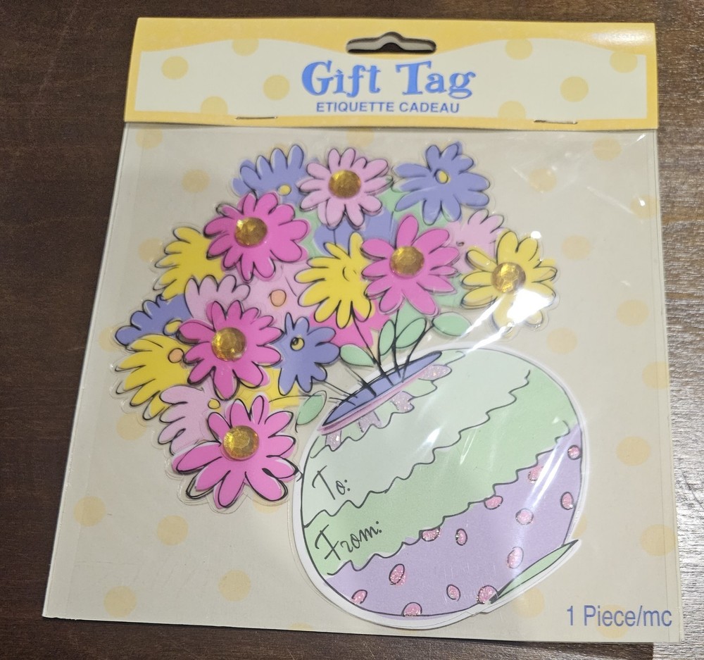 Gift tag sticker Vase with Flowers jewel center by Amscan 3D to & from 4×5″