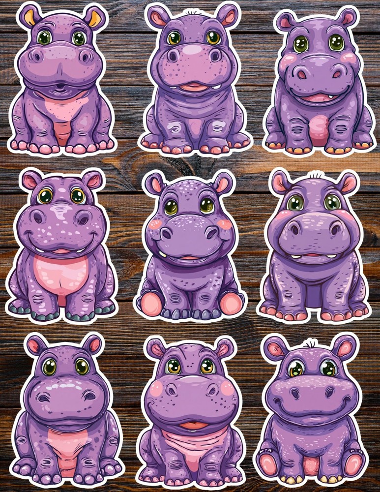 Cartoon Hippo Die Cut Vinyl Stickers Set Notebook Laptop WaterBottle