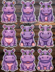Cartoon Hippo Die Cut Vinyl Stickers Set Notebook Laptop WaterBottle