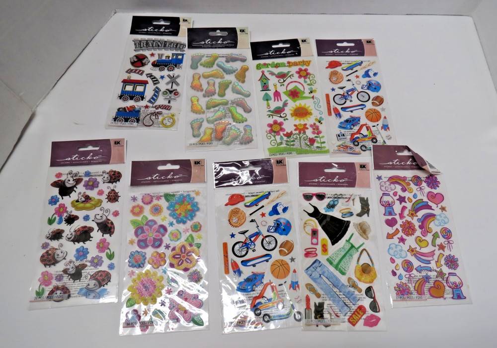 Lot of 9 Packages of Sticko Stickers, NIP, Boys Toys, Lady Bugs, Garden Party +