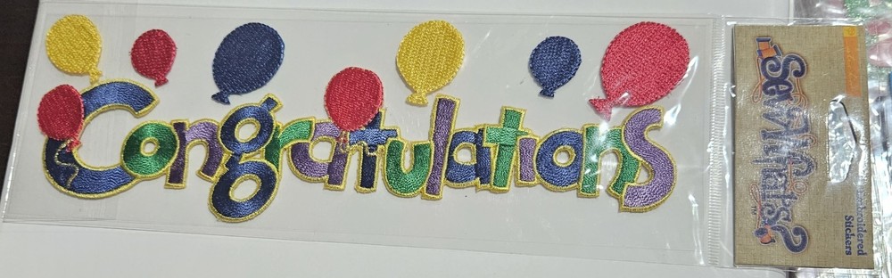 Sticko Sew Whats? Congratulations Embroidered Stickers New in Package 9×3