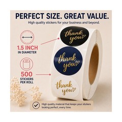 500 PCS Thank You Stickers Roll – 1.5 Inch Round Gold Foil Stickers with H