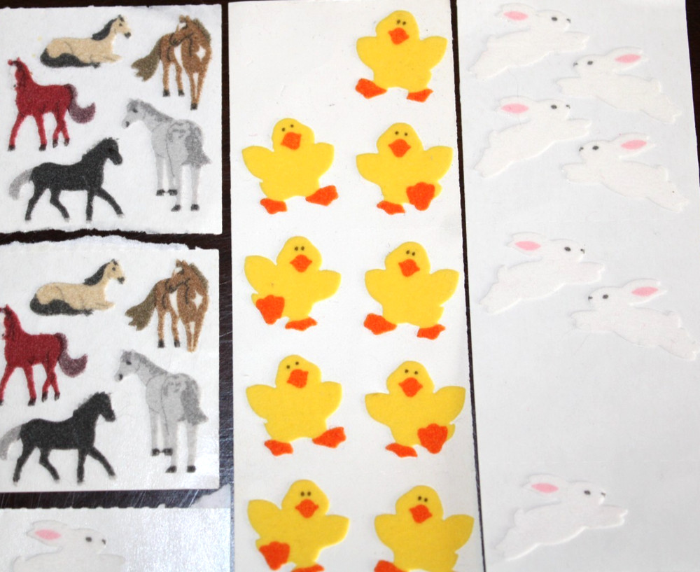 Vintage Fuzzy Sandylion Horses Bunnies Baby Chickens 52 Total Stickers Animals