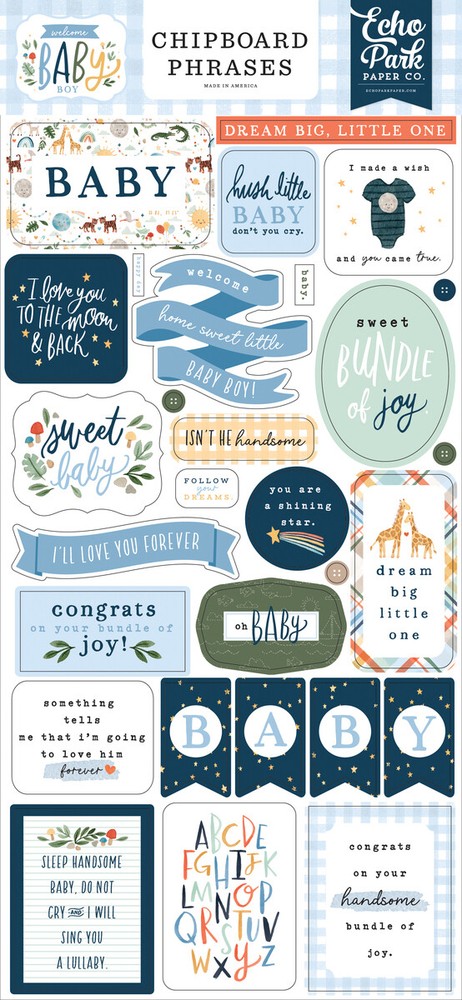 Echo Park Paper WELCOME BABY BOY 6×13 Sheet of Chipboard Phrases