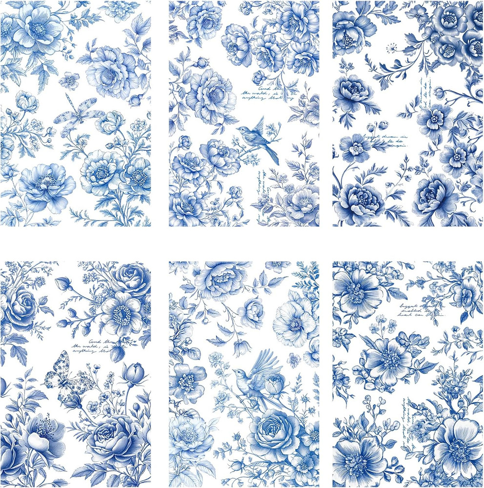 Vintage Floral Rub on Transfer for Crafts – 6 Sheets Blue Chinoiserie Flower Col