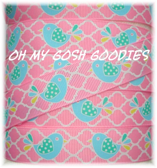 7/8 EASTER LITTLE CHICK BIRDIE PIE QUATREFOIL GROSGRAIN RIBBON 4 HAIRBOW PINK