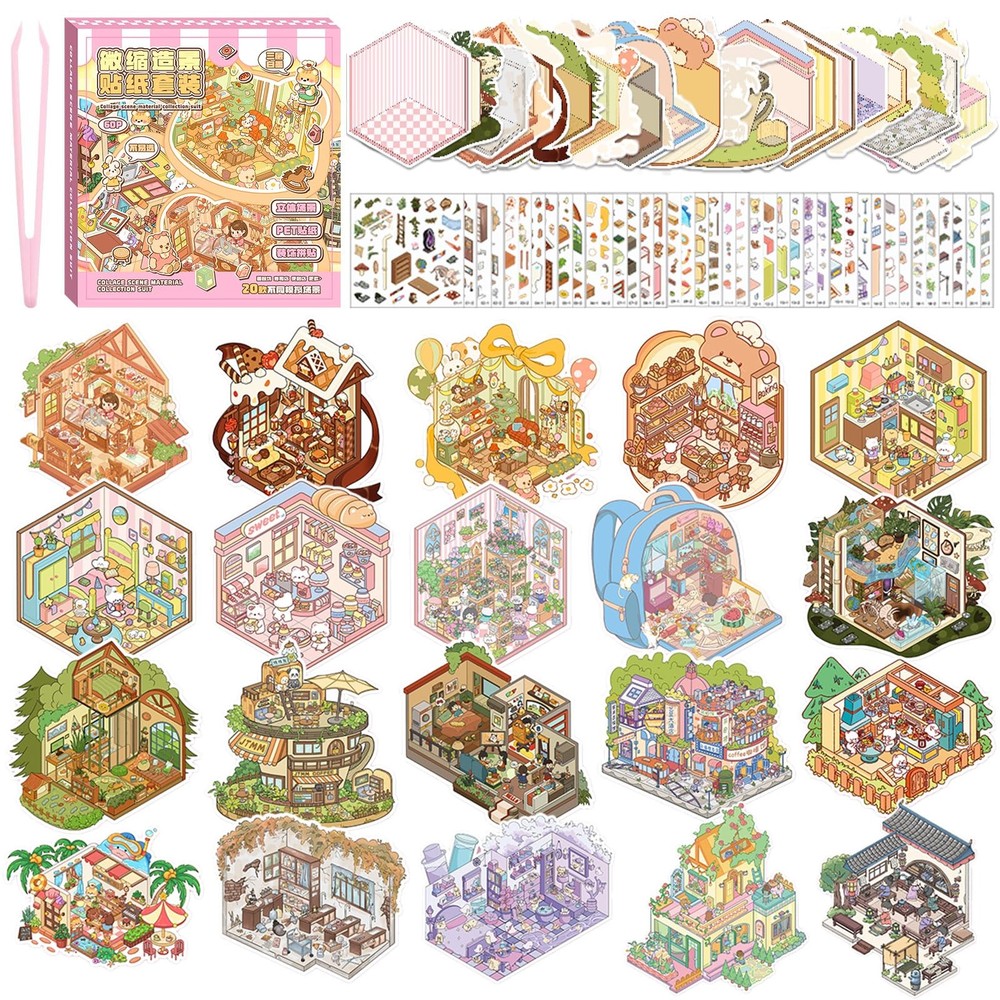 20 Sets DIY 3D Sticker Scene, Sticker Collection Book Make Your Own Shop House C