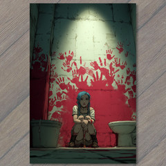 STICKER Blue Haired Girl Toilet Blood Handprints Distressed Creepy Bathroom