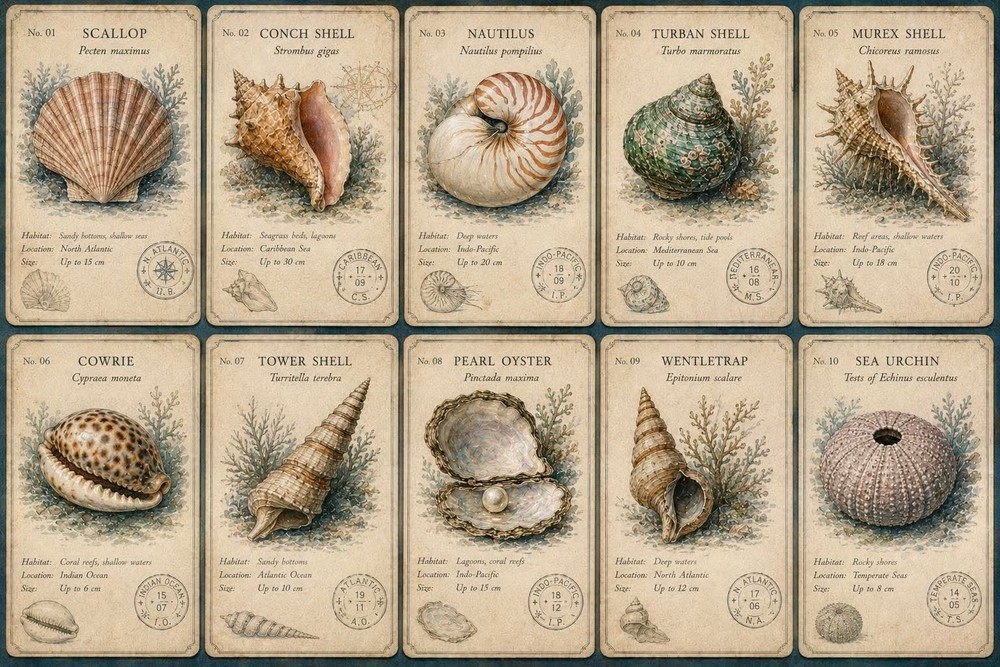 10 Pcs Seashells tag embellishments Junk Journal Scrapbooking Ephemera