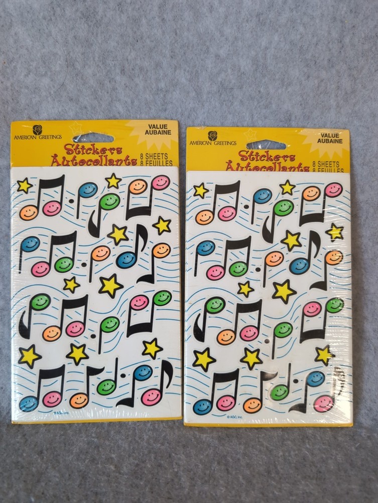 Vintage American Greetings Sticker Neom Color Music Notes Lot 2 Sheets NOS