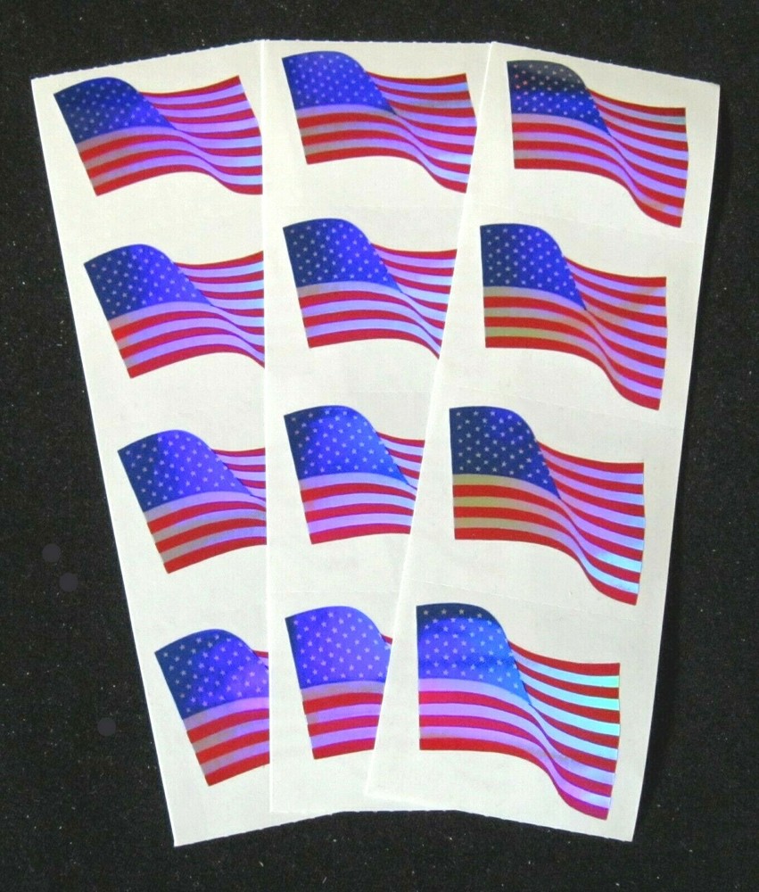 Three 2×6 inch Sheets Metallic American Flag Stickers-1 1/4″ x 1 1/2″ Each