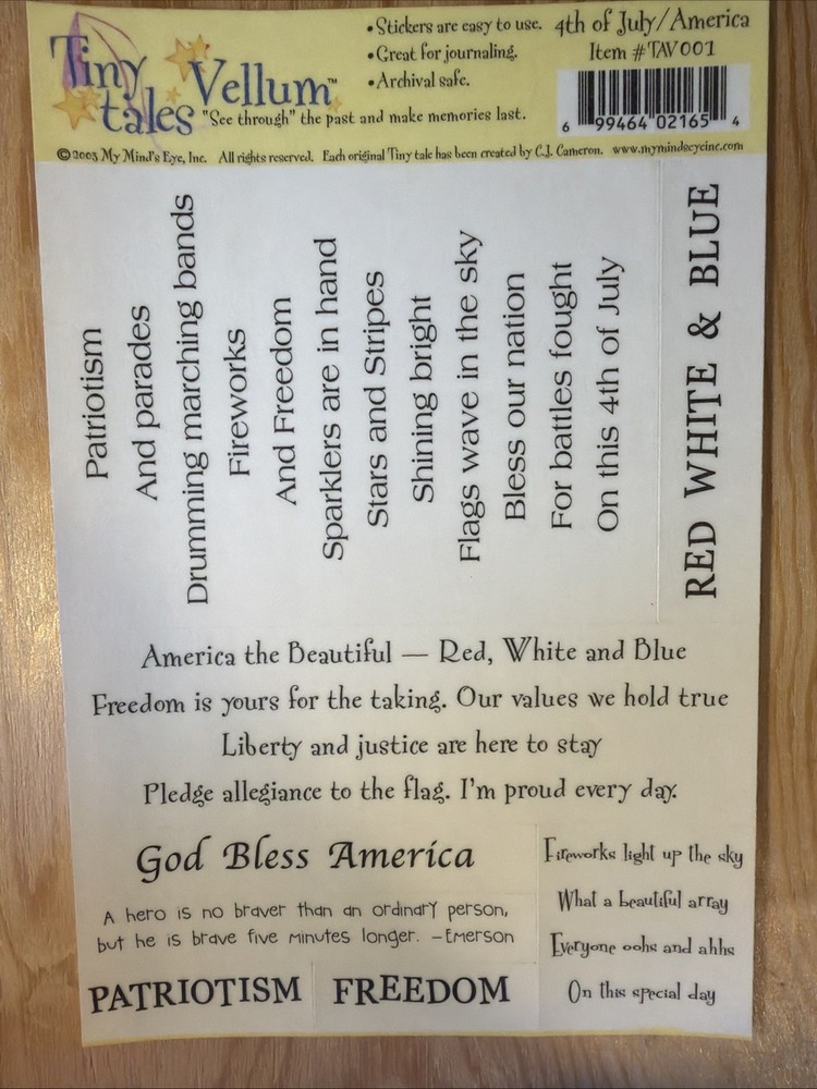 4th of July / America Vellum Sticker Sheet Scrapbook Craft Stickers