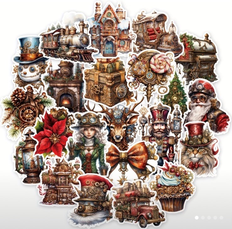 10pcs Steampunk Christmas Stickers- Scrapbook Journal, DIY Crafts & Cards