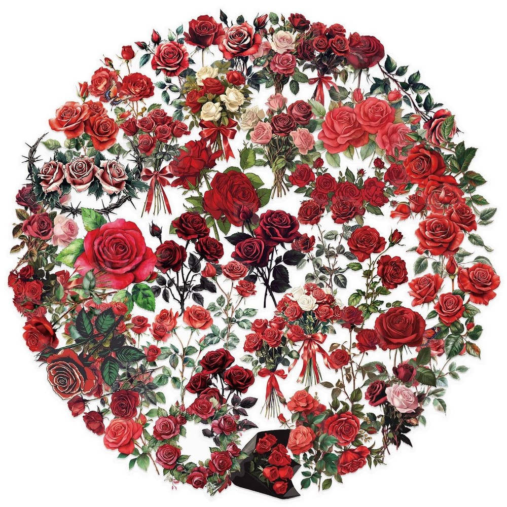 50PCS Red Rose Stickers Aesthetic PET Transparent Vintage Rrose