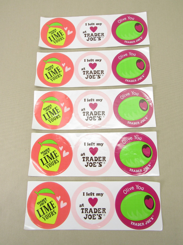 5 Trader Joe’s Valentine’s Day Stickers Sheets 3″ Diameter Round Olive You