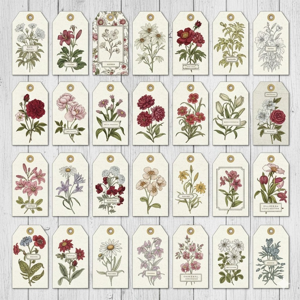 Set Of 28 Vintage Floral Tags Embellishments Junk Journal Scrapbook