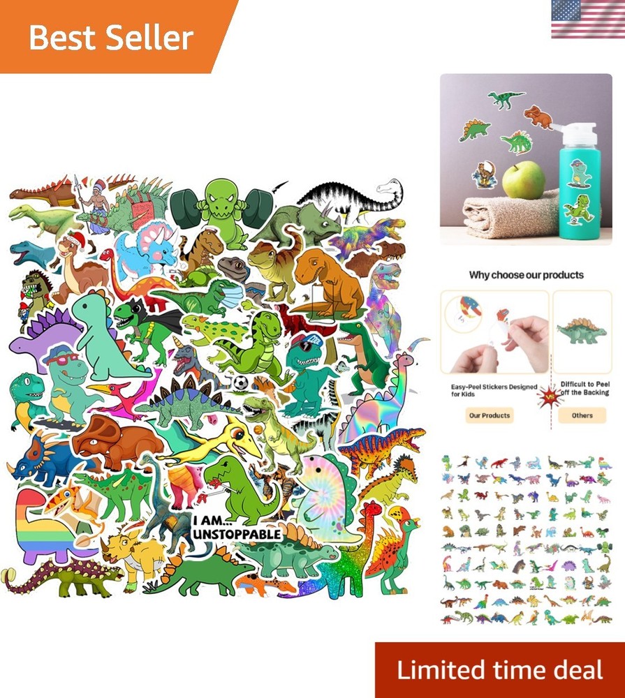 100PCS Colorful Waterproof Dinosaur Stickers – Perfect Party Supplies & Rewards