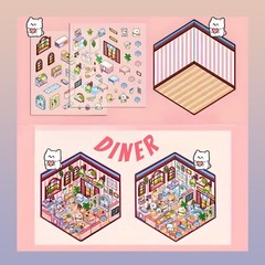 4 (3D) 5.5 x 4.9 Isometric Scene Rooms. Store, Library, Diner, and Bakery.