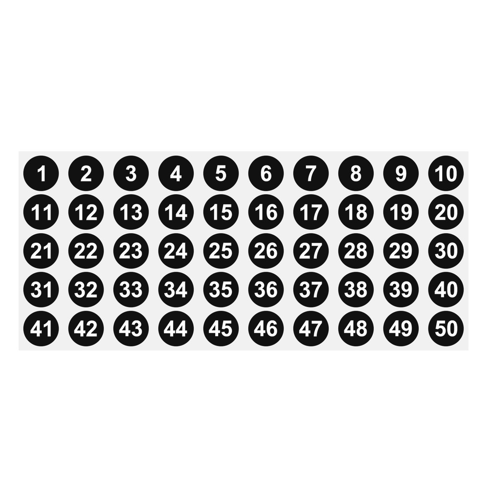 1 to 50 Number Stickers 1 Inch, Consecutive Vinyl Round Labels Dot Decals, Black