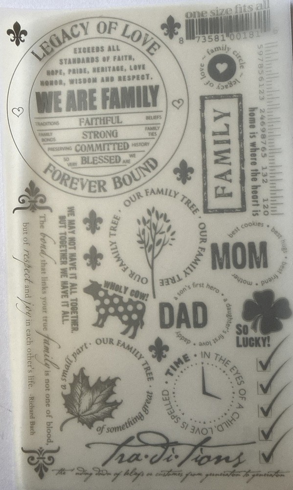 SILVER WE ARE FAMILY Rub-On Transfers(4.5”x7-3/4”)Mom•Dad •Legacy•Card Making•