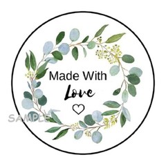 30 MADE WITH LOVE ENVELOPE SEALS LABELS STICKERS 1.5″ ROUND WREATH GIFT TAGS