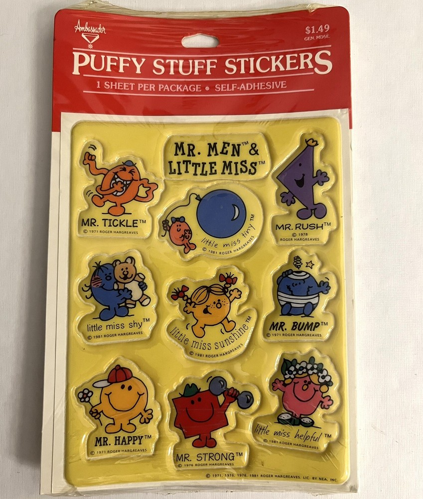NOS Puffy Stuff Stickers Mr. Men & Little Miss SEALED 1980s Ambassador Hallmark