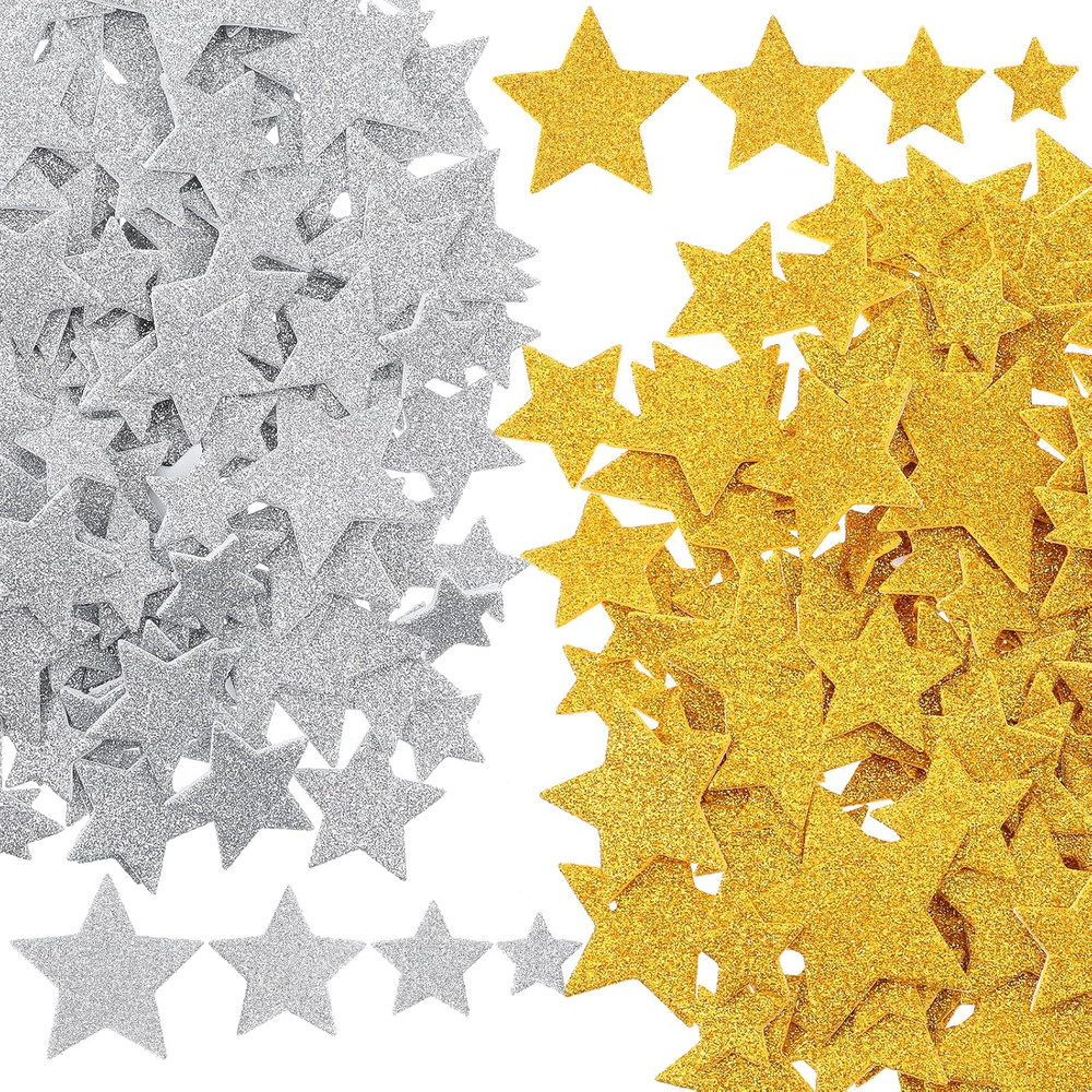 300 PCS Glitter Foam Star Stickers, Gold & Silver 4 Sizes Star Glitter Foam Stic