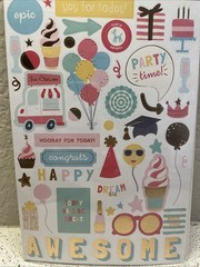 My Minds Eye Party Yay Stickers 6 sheets w/ Gold Foil Accents