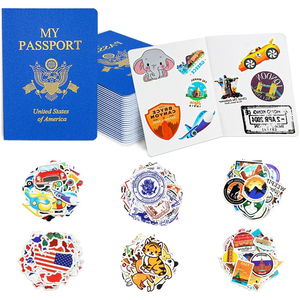 30 Pcs Fake Passport Book for with 300 Non-Repeating Stickers (Including 6 Th…