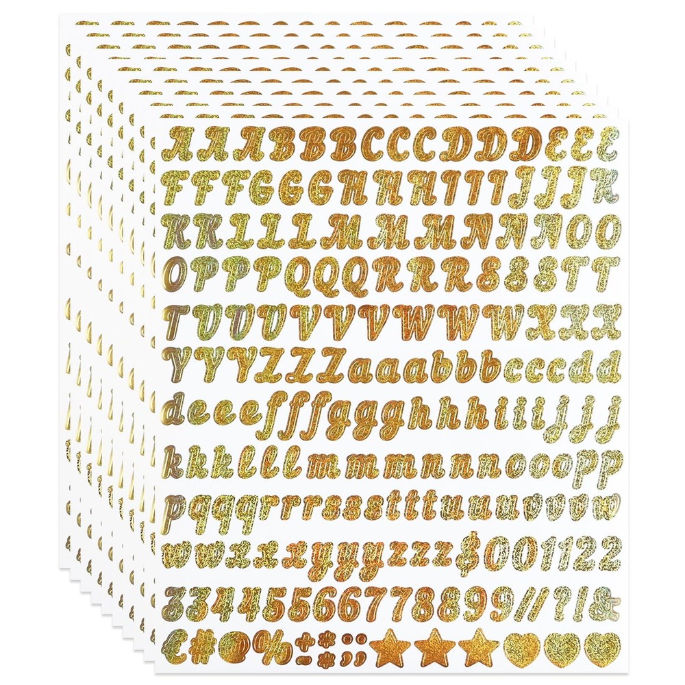 10 Sheets Letter Number Stickers, 1/2 Inch Self-Adhesive Vinyl Alphabet Gold