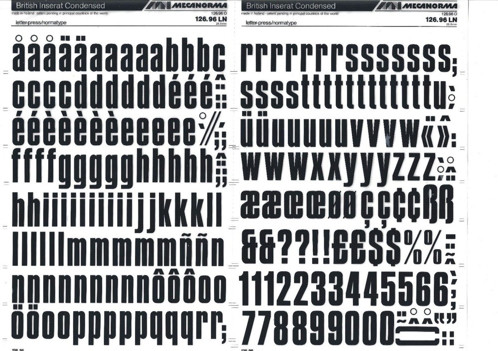MECANORMA Transfer Lettering Sheet A3 Letraset #622 BRITISH INSERAT 28.5mm