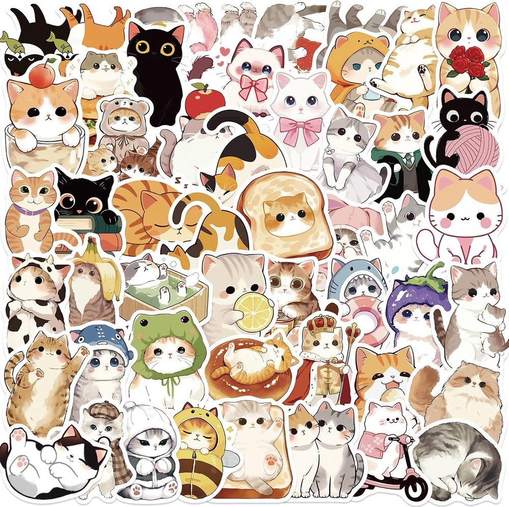 50PCS Cute Cat Stickers for Kids, Kawaii Kitten Stickers for Water Bottle