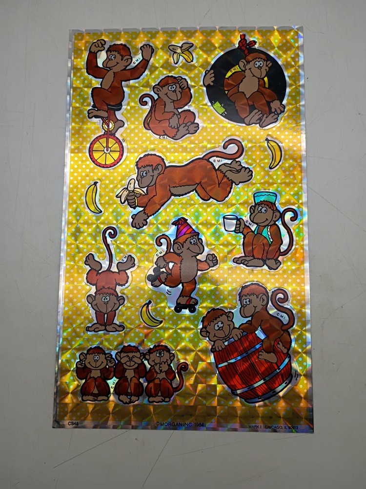 Vintage 1984 Morgan Mark 1 Large Sticker Sheet Prismatic Chrome Monkeys Bananas