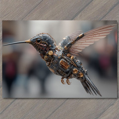 STICKER Black Steampunk Hummingbird Clockwork Wings Mechanical Cyber Bird Flye