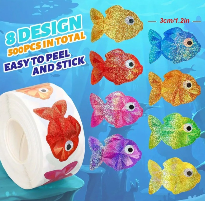 500 pcs Sticker Seals Roll Glitter Foil Holographic Fish Self Adhesive NEW