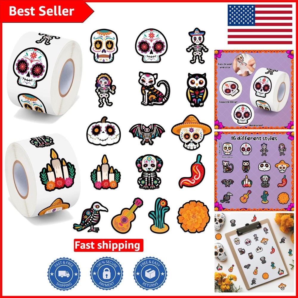 Sugar Skull Waterproof Vinyl Stickers – 1000 Count for Festive Celebrations