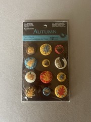 Set Of 12 Assorted Sized “Autumn” Themed Fabric Brads~1” To 1/2”, New In Package