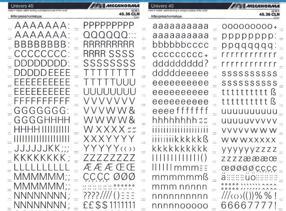 MECANORMA Transfers #345 Letterpress A3, Vintage Fonts UNIVERS 45 9.3mm