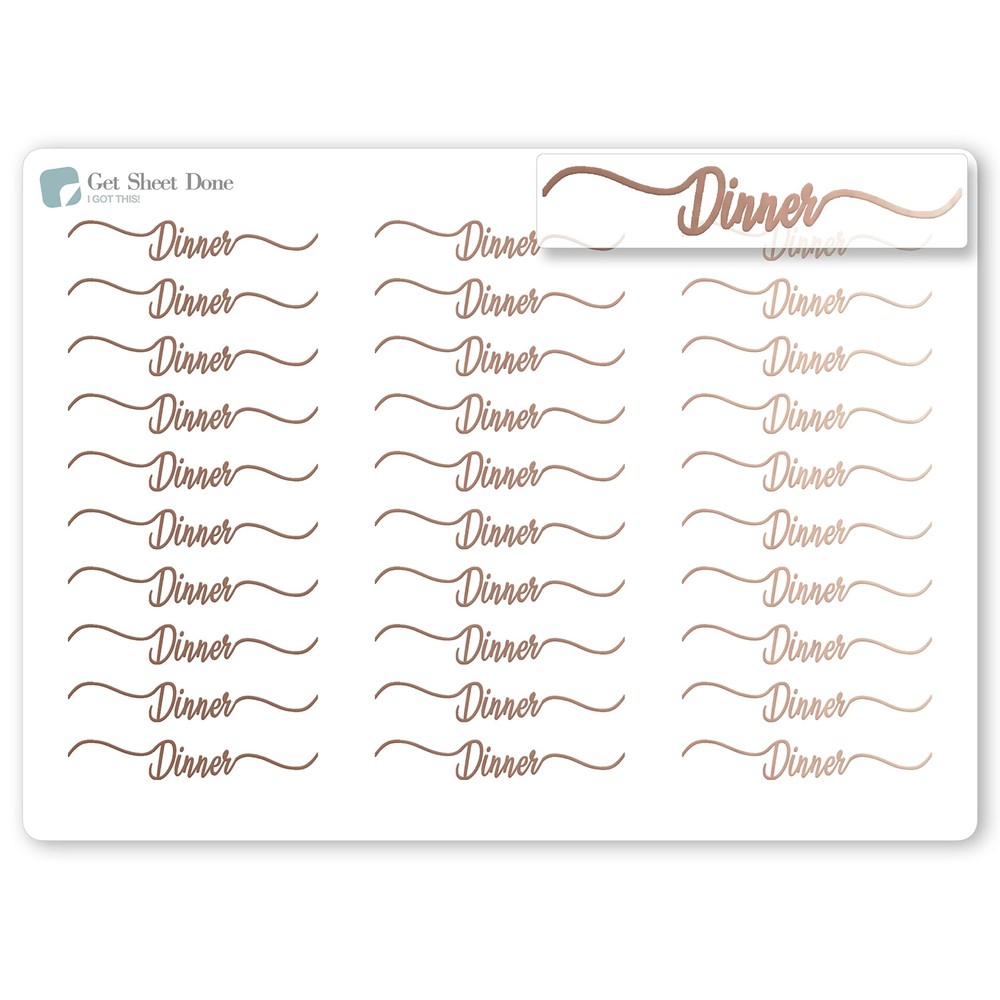 Dinner Script Planner Stickers / 30 ROSE Gold Foiled Text Headers (1.5”)