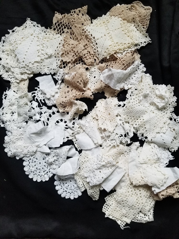 Vintage Assorted White Ivory Lace Trims Doily Fabric Slow Stitching – Lot of 30