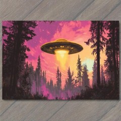 STICKER UFO Hovering Over Forest Sunset Glow Vibrant Mysterious Sci-Fi Scene