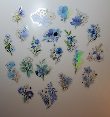 Blue Floral Stickers- 40 stickers- 2 ea of 20 images with gold accents.Good Mood