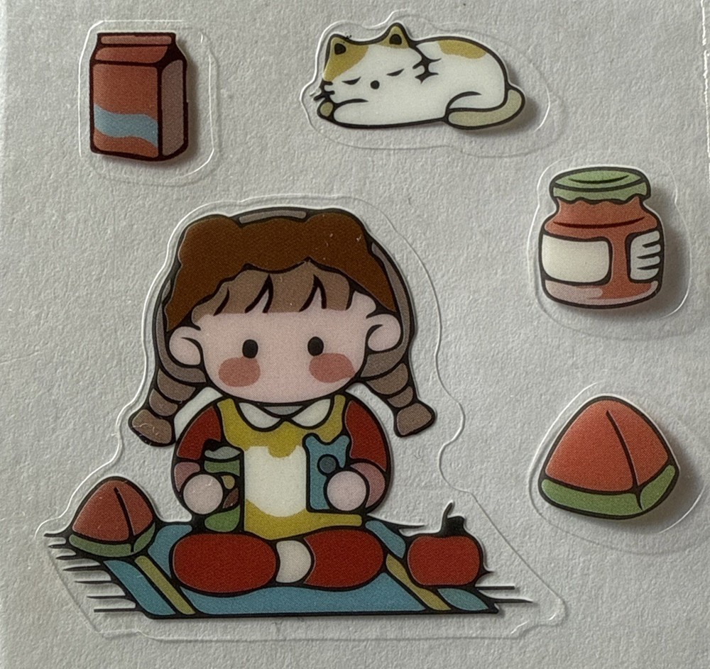 LITTLE PICNIC GIRL Mylar Stickers (5pc)Kids•Watermelon•Cat•Jam •Milk•Card Making